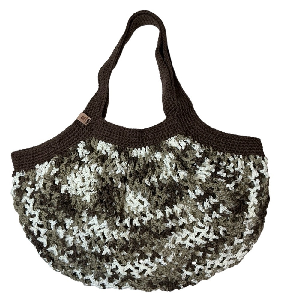 Large Crochet Mesh Market Bag Brown White Cotton Handcrafted Handmade Reusable - Picture 2 of 16